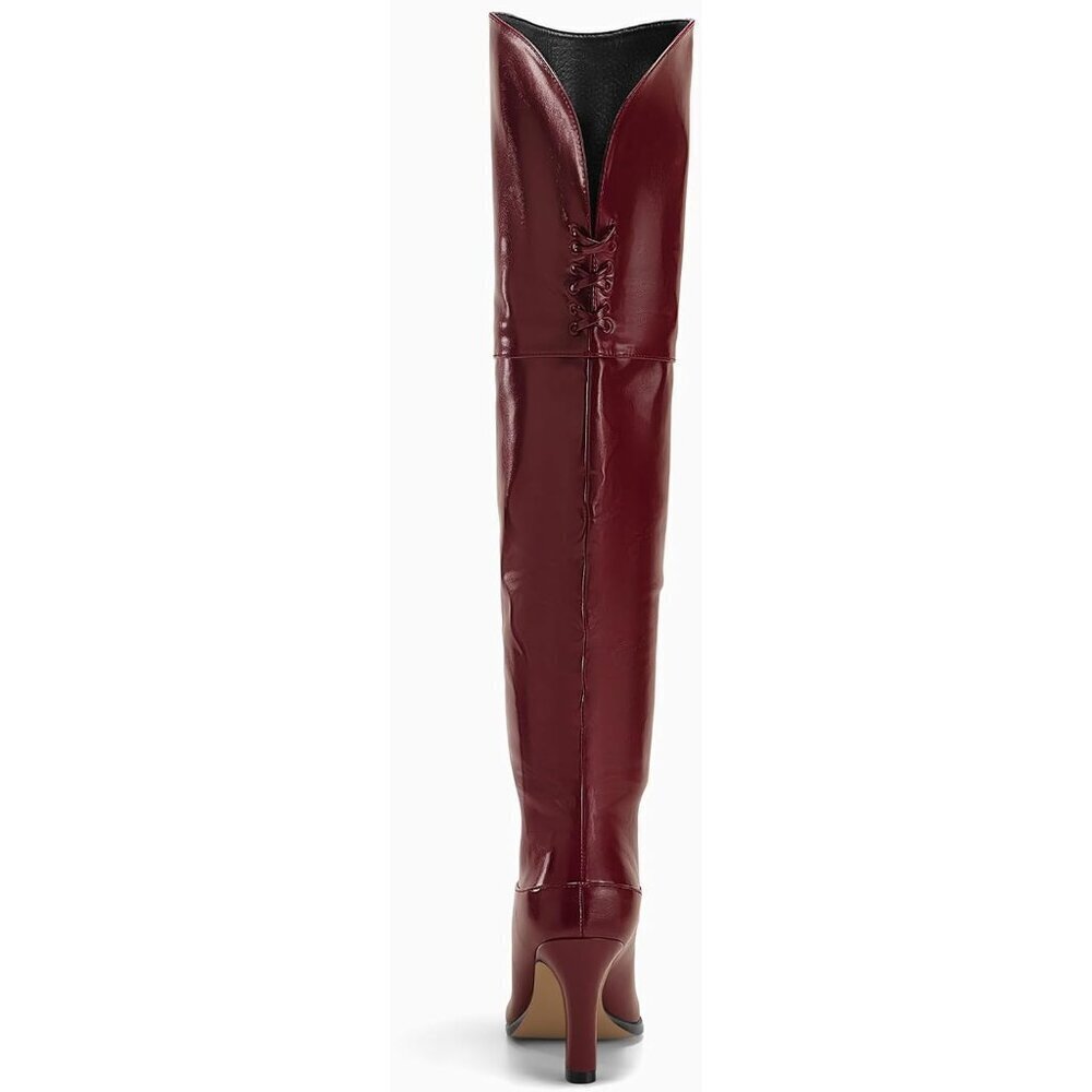 🆕Women Burgundy Synthetic Thigh High Pointed Toe Chunky Heel Over the Knee Boot - Picture 5 of 6
